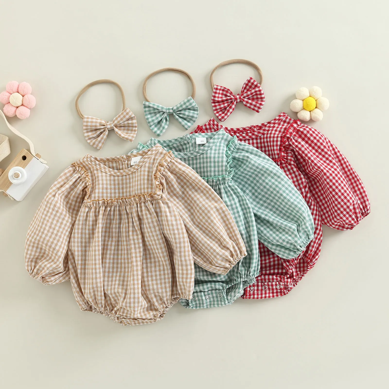 

0-18M Newborn Cute Checkered Bodysuit Baby Girl Cotton Plaid Puff Long Sleeve Romper and Bow Headband Set Outfit Fashion Onesie