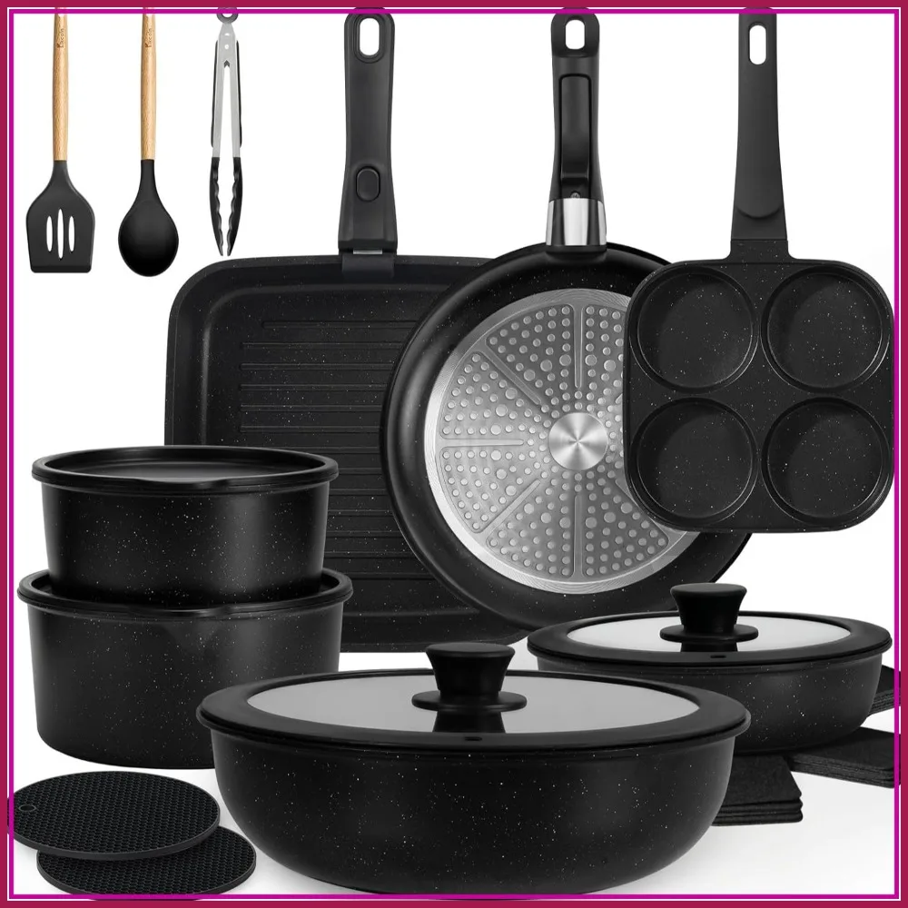 Juego de Ollas y Sartenes Antiadherentes de 24 Piezas con Mango Desmontable, Apilables, Aptas para Horno, Aptas para Inducción - Juego de Utensilios de Cocina