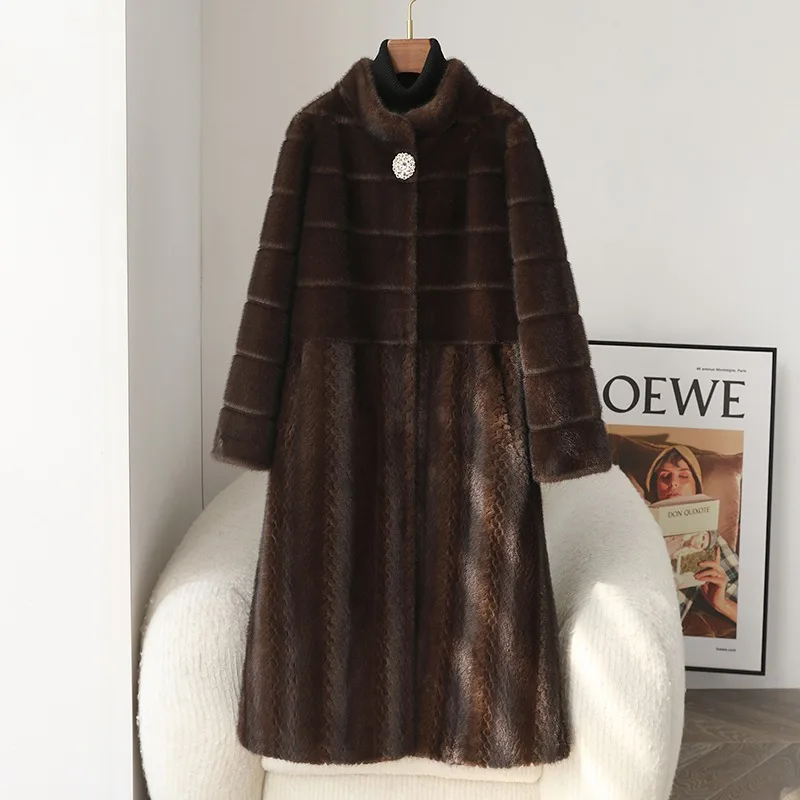 Female Faux Mink Fur Thickening Long Coat Noblewoman Synthetic Hair Winter Warm Jacket JT420