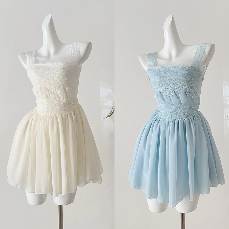 

Lace Mesh Mini Dress with Liner Korean Fashion A-Line Loose Casual Gentle Square Collar Short Dress Girls High Waist Dress