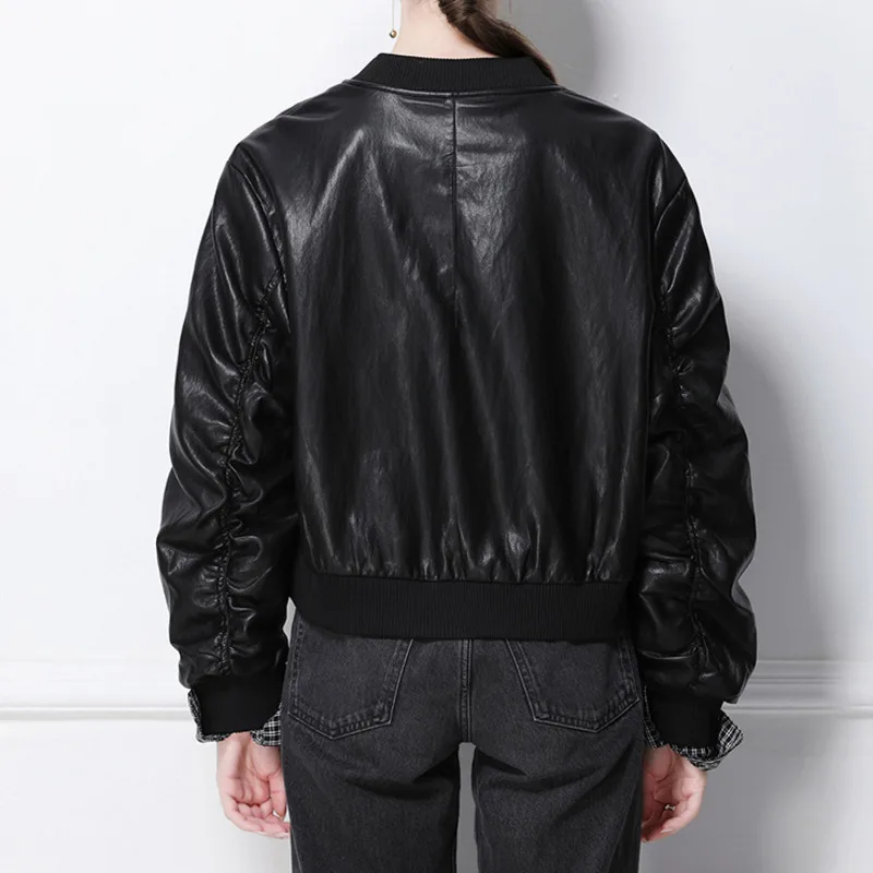 HKSH Frühling Herbst Neue Frauen Kurze Jacke PU Leder Stehkragen Zipper Manschette Plaid Streetwear Fashion Elegante Chic Mantel HK13450