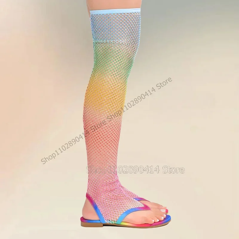 

Rainbow Color Mesh Cut Heel Flip Flop Sandals Boots Elatic Band Women Shoes Low Top Novel Fashion Party 2023 Zapatos Para Mujere