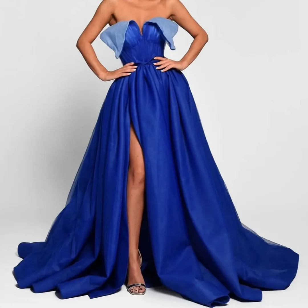 فساتين سهرة أنيقة للنساء من الساتان على شكل حرف a طول الأرض مناسبة للحفلات بفتحة جانبية بدون حمالات وشريط فيونكة فستان فاخر للحفلات الراقصة مخصص #1