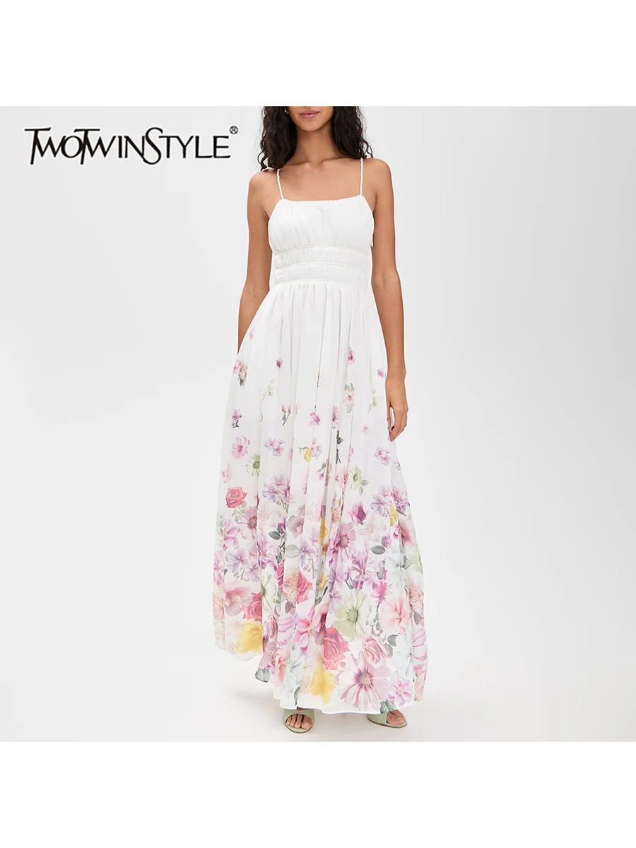 

TWOTWINSTYLE Hit Color Printing Slimming Dresses For Women Square Neck Sleeveless High Waist Temperament Dress Female Fashion