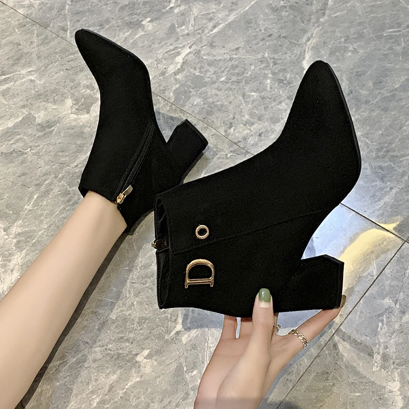 2023 Winter Shoes for Female Side Zip Women's Ankle Boots Pointed Toe Square Heel Women's Shoes Plus Size Modern Ladies Boots