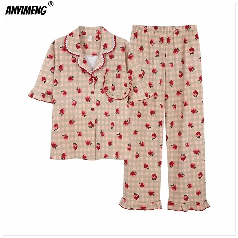 

Women Pajamas M-4XL Summer Korean Partysu Sleepwear Cardigan Homsuits Causal Famale Pajama Elegant Turn-down Collar Pijamas Set