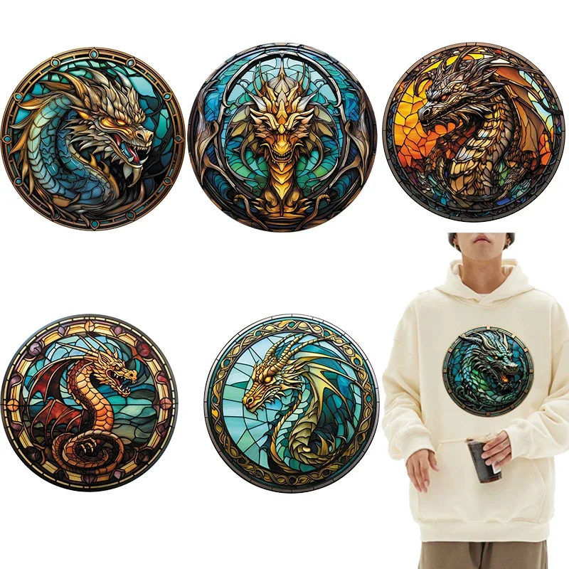 

Colored Glass Western Dragon DTF Thermo Sticker Decals Heat Transfer On Clothes Iron On Patch For Hoodies Press Printing