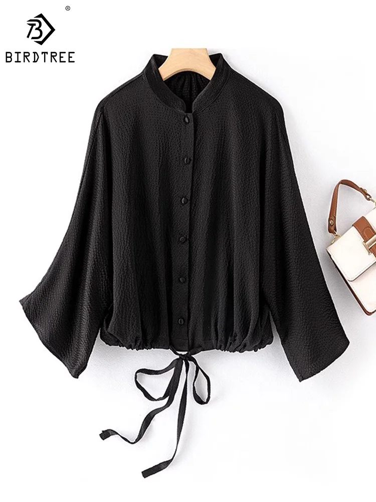 

Birdtree 93% Silk 7% Spandex Fashion Elegant Shirt Stand Collar Long Sleeve Simple Casual Blouses For Women OL New T30611QM