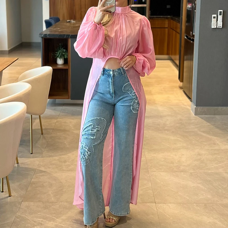 Robe chemise fine à col roulé pour femmes, décontractée, manches longues, hauts irréguliers, taille élégante, couleur unie, chemisier Long ample, 2025