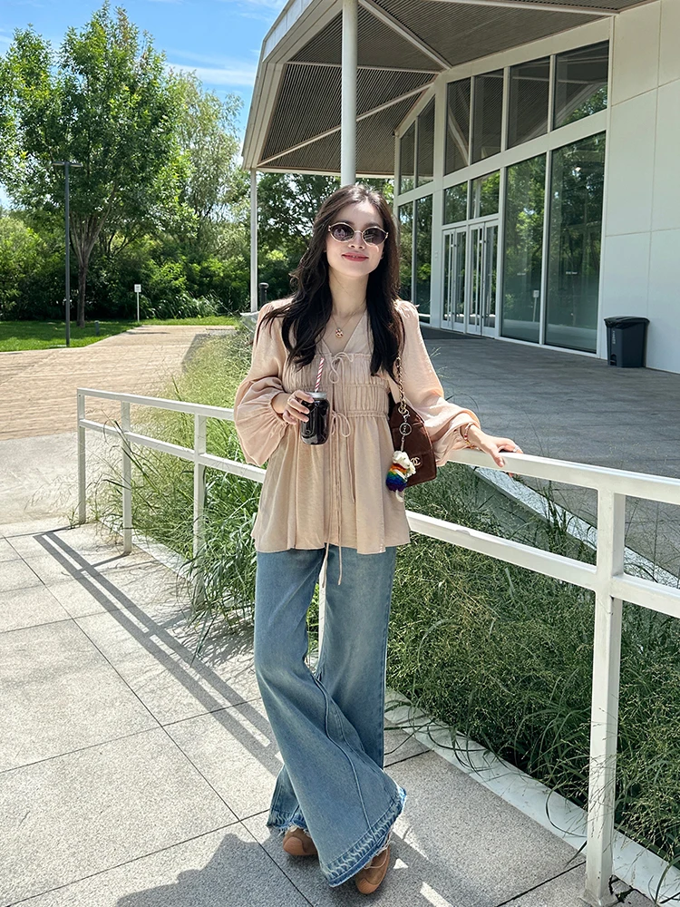 

Chic Pure Color Long Sve irt Women's Belted Base Layer Top Korean Sle Autumn Faion Casual Loose Fit Breathable