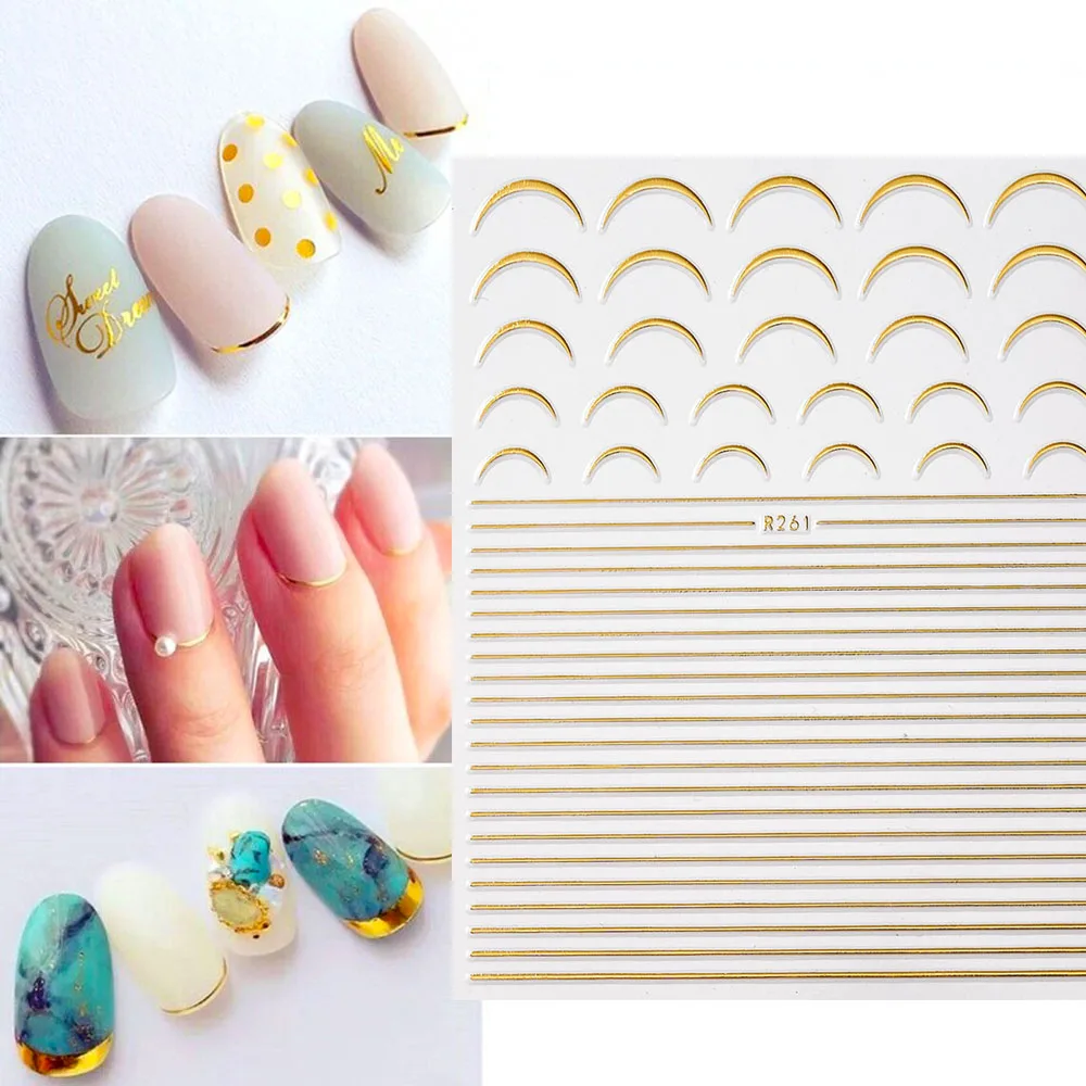 3D Lines Nail Stickers DIY Rose Gold Metal Stripe Golden Lines Decals Curve Nail Art Sliders French Self Adhesive Manicure Foil