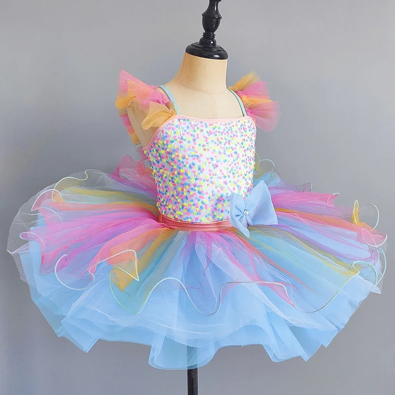 Traje de fiesta de princesa para niños, vestido de flores con lentejuelas, Ropa de baile para niñas, leotardo de Ballet gimnástico, vestido con tutú de panqueque