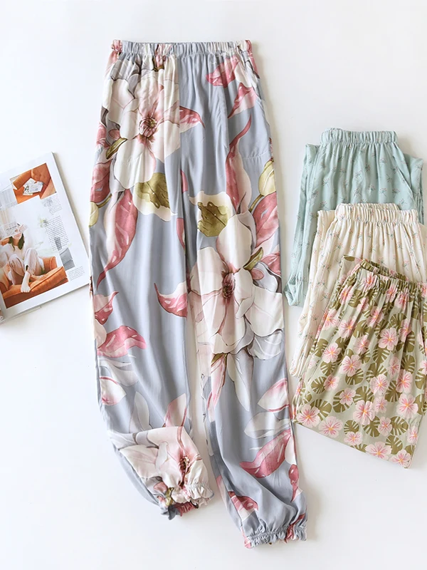 

Шелковые гладкие хлопковые женские брюки свободного покроя, длинные брюки для домашнего отдыха, устойчивые к комарам, летняя верхняя одежда с принтом