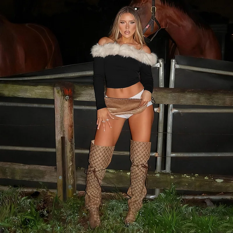 

2025 Fall Winter Furry Patchwork Ribbed Slim T-shirts Women Fashion Sexy Slash Neck Off Shoulder Long Sleeve Casual Crop Tops