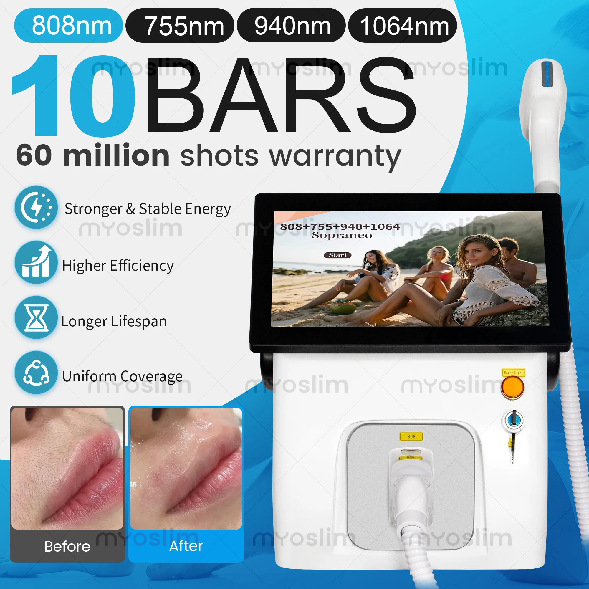 FAC Soprano Four Wavelength Diode Hair Remover 10BARS Tech 60 Million Shots Triple Cooling Painless Salon Machine