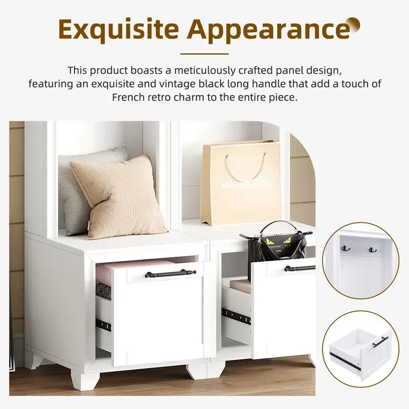 مجموعة شجرة القاعة الأنيقة القائمة بذاتها مكونة من 2، رف معطف مدخل 3 في 1 متعدد الوظائف مع مقابض ريترو سوداء، مقعد جلوس مع