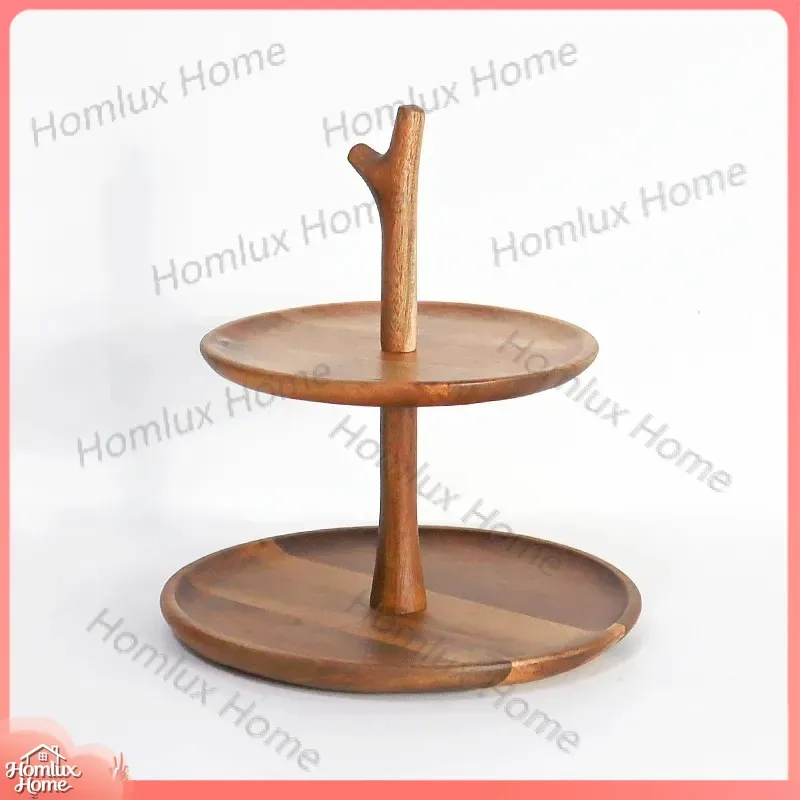 Wooden Dim Sum Plate Solid Wood Cake Stand Double Layer Snack Platter for Dessert Serving Wooden Tableware Handmade Natural