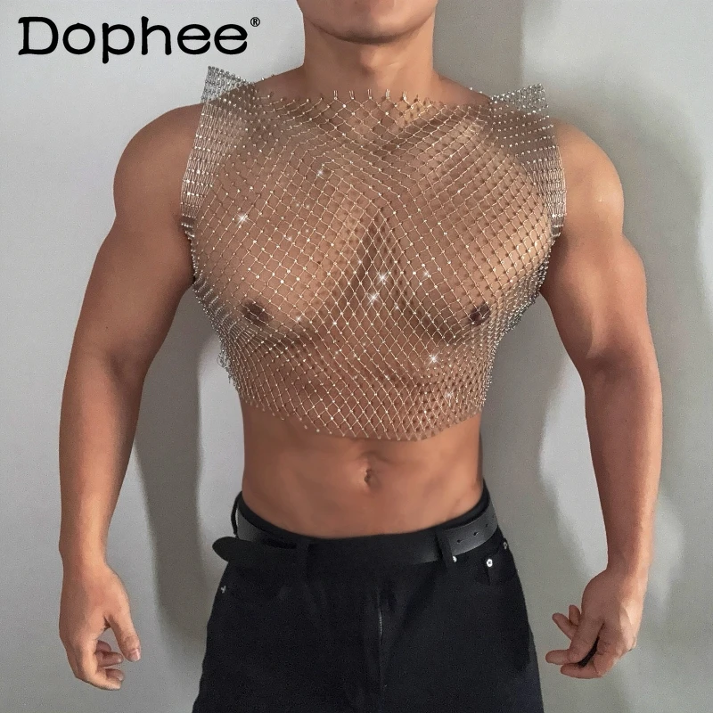 

Men's 2025 Spring Summer Rhinestone Mesh Gauze Vest Trendy Tank Tops Hollow Hot Diamond Men's Sexy Transparent Sleeveless Vests