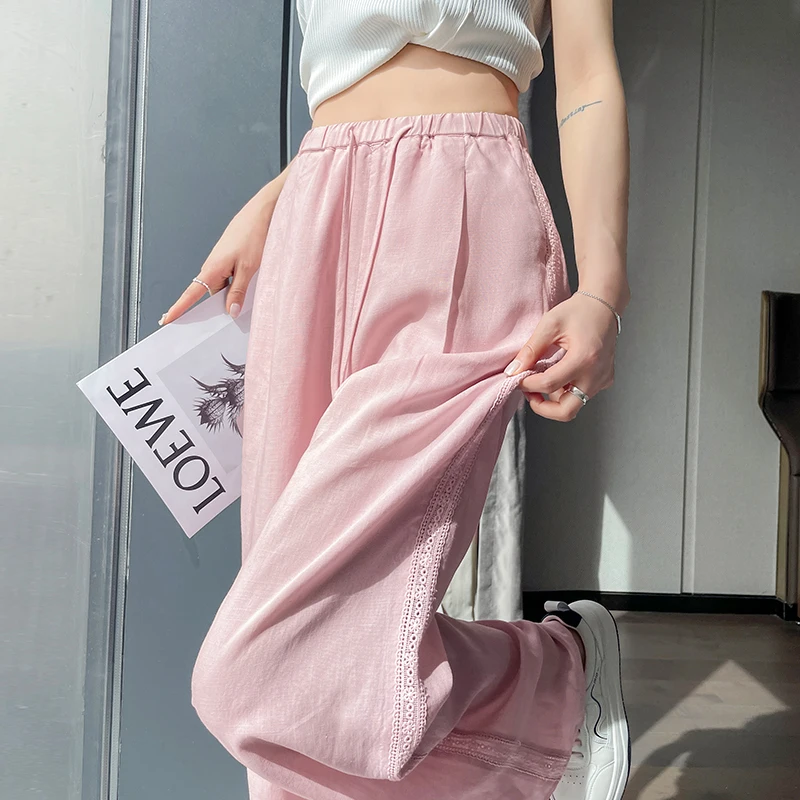 2025 Summer New Ice Silk Linen Wide Leg Pants for Women Comfortable Thin High Waist Yamamoto Pants Casual Lace Splicing Pants