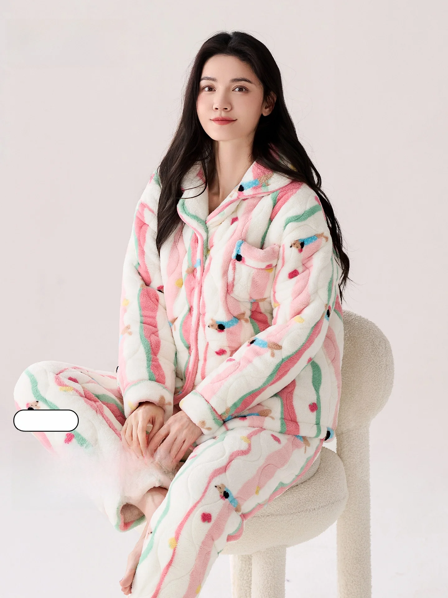 Thickened Coral Fleece Sleepwear Women's Autumn Winter Three-layer Cotton Padded Home Clothes Soft Warm Long Sleeve Cardigan