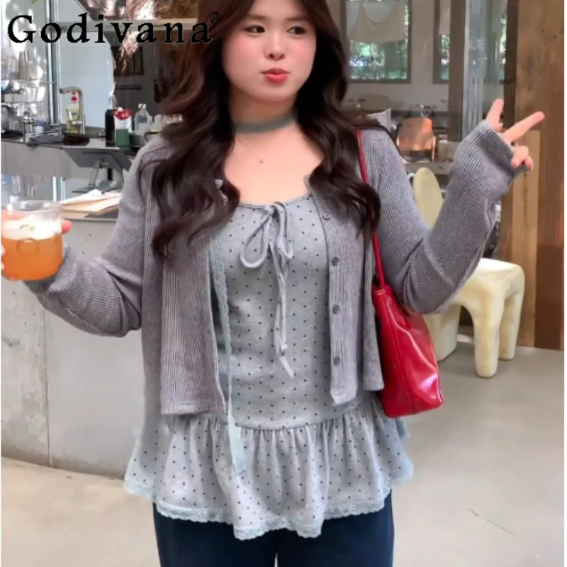 

Large Size Sweet Lace Crew Neck Suspender Top Cute Girl Autumn Versatile Age Reduction Long Sleeve Korean Cardigan Two-piece Set