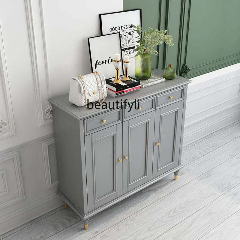 American Country Wood Three-Door Shoe Cabinet Two-Door Multifunctional Storage Cabinet Hallway Cabinet