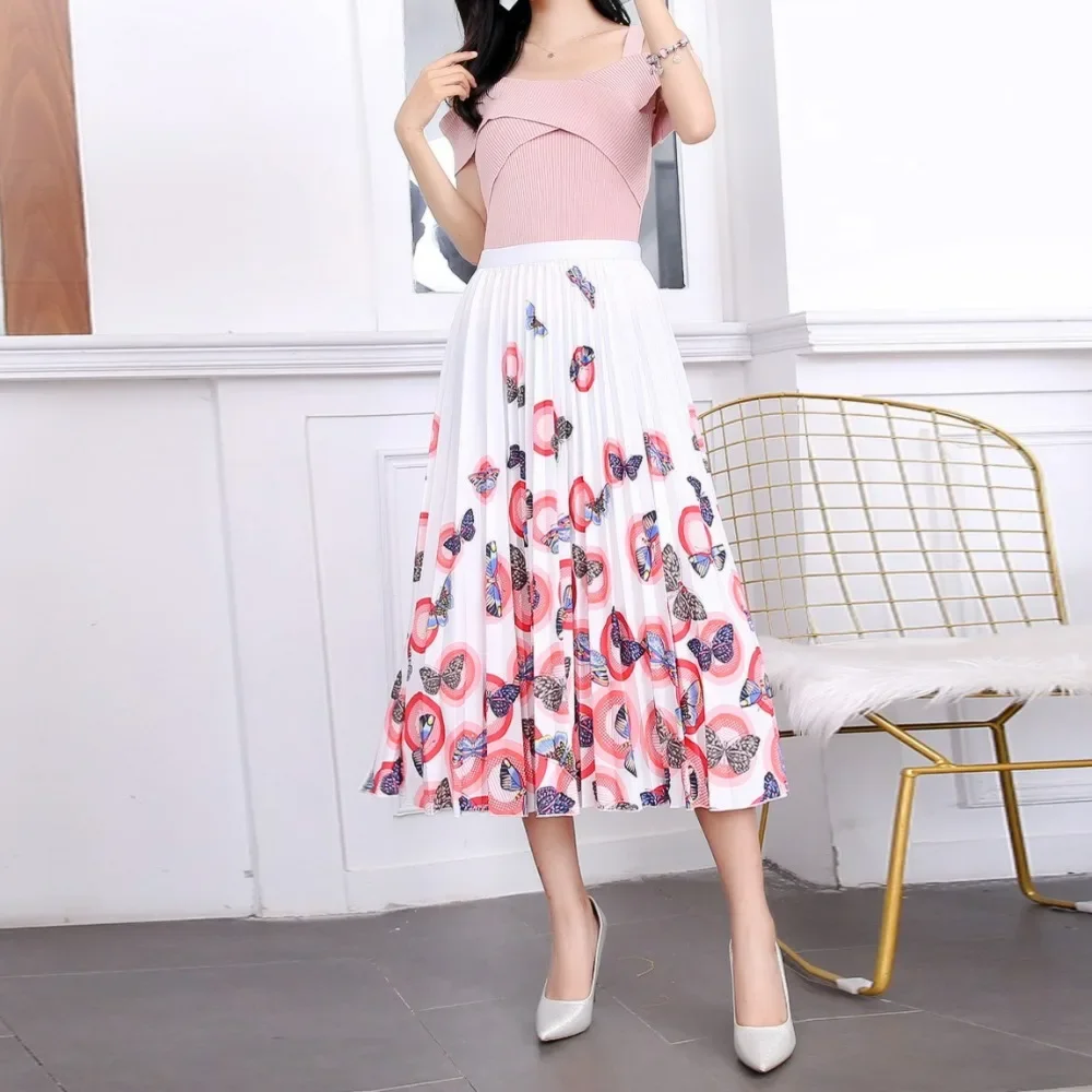 Nighpha Women's High Elastic Waist Pleated Skirt Butterfly Printed Midi Long Large Hem A-line Skirts Causal Summer