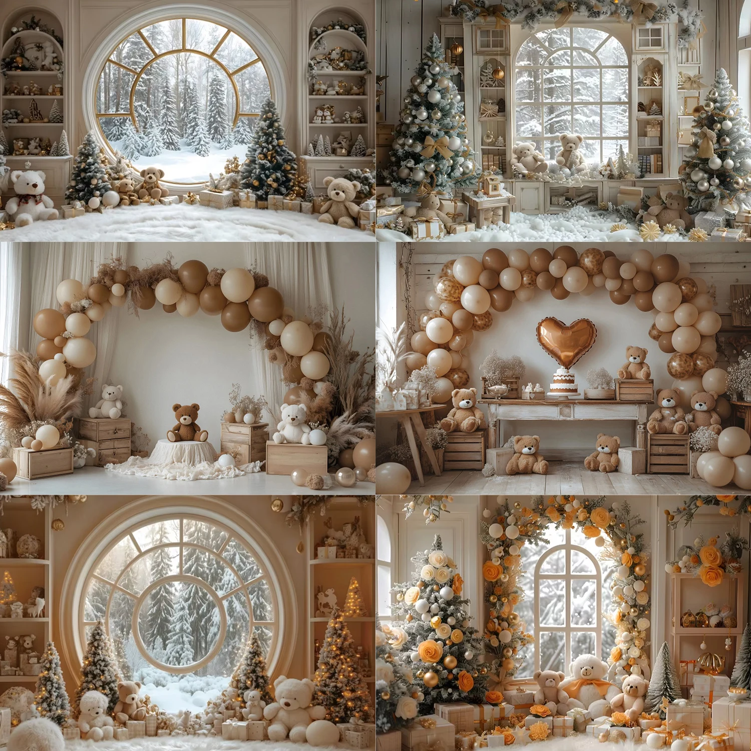 Winter Cute Teddy Bears Theme Photography Background Indoor Warm Sunshine Window Snowflake Christmas Tree  Decor Children Gift