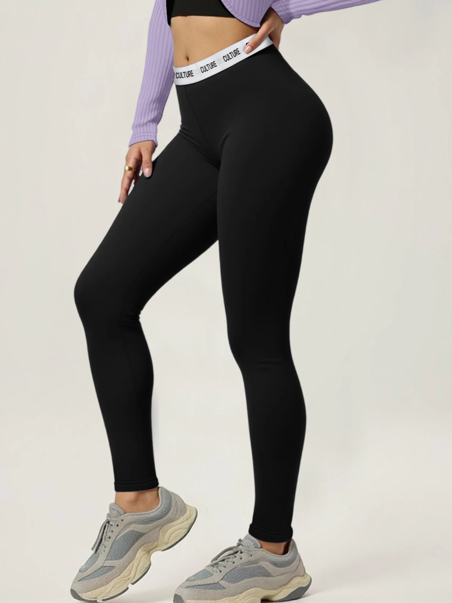 Y2K Street Women Black Leggings Letter Trim Waistband High‑Rise Soft Stretch Slim‑Fit Daily Wear Full‑Long Trousers