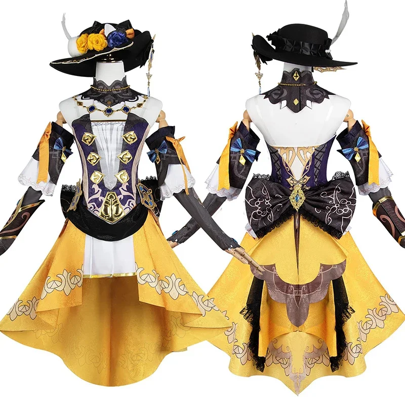 Genshin Impact Navia Cosplay Costume Set Complet avec Chapeau et Perruque, Robe Uniforme pour Femmes, ixd'Halloween, Tenue de Carnaval pour Bol