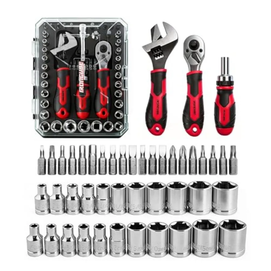 

53-Piece Socket Ratchet Wrench Set, with 20-In-1 Ratcheting Screwdriver and 2-in-1 Adjustable Wrench for Garage, Auto Repair, H