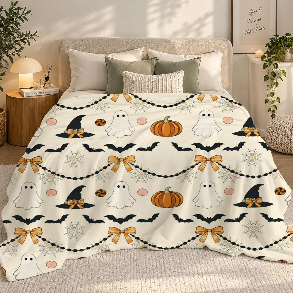 Cute Ghost Garland Halloween Throw 240g flannel blanket, suitable for sofas, beds, offices, exquisite gift blankets