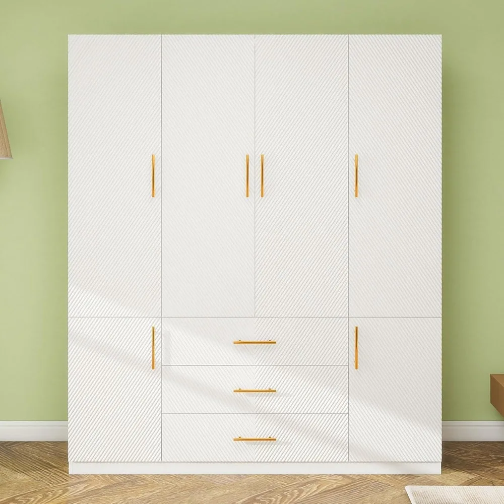 

Wooden Wardrobe: Large Wardrobe 4 Doors White Wardrobe Storage with 3 Drawers, Shelves and 2 Clothes Rails