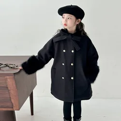 Girls Wool Jackets New Winter Double Breasted Bow Kids Coats Princess Thicken Warm Outerwear Children Black Fashion Clothing