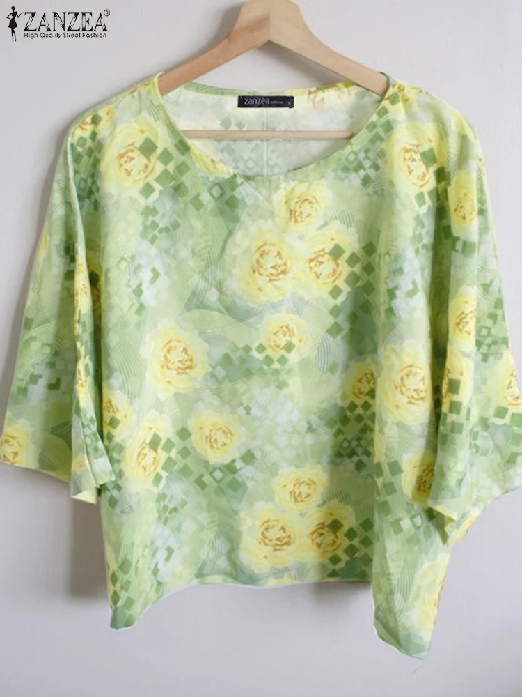 ZANZEA Mulheres Verão Casual Floral Impresso Blusas Soltas O-pescoço Manga 3/4 Blusas Mujer Moda Dia Desgaste Leve Túnica Tops