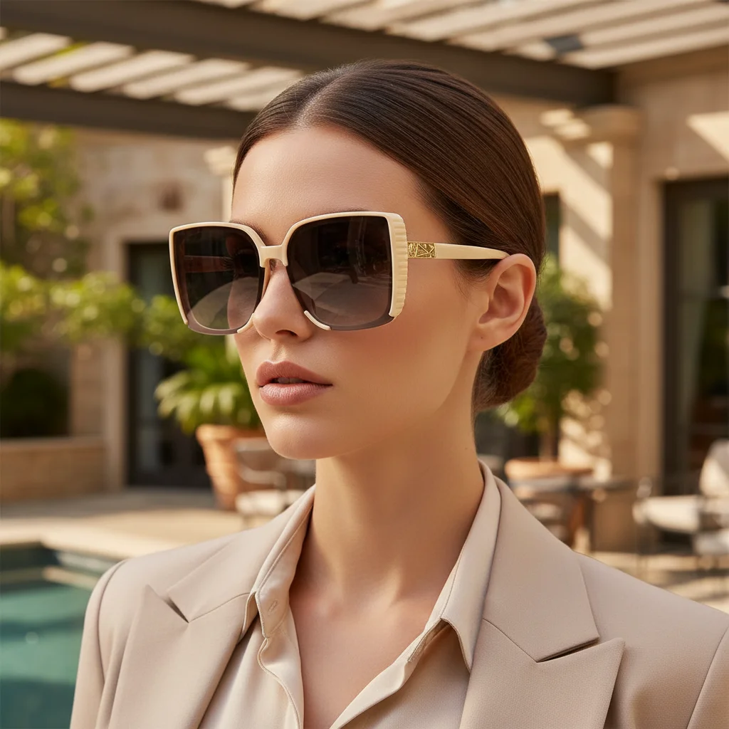 Neue stilvolle beige quadratische Sonnenbrille mit großem Rahmen – Sonnenbrille mit UV-Schutzfunktion1041 – Detail 1