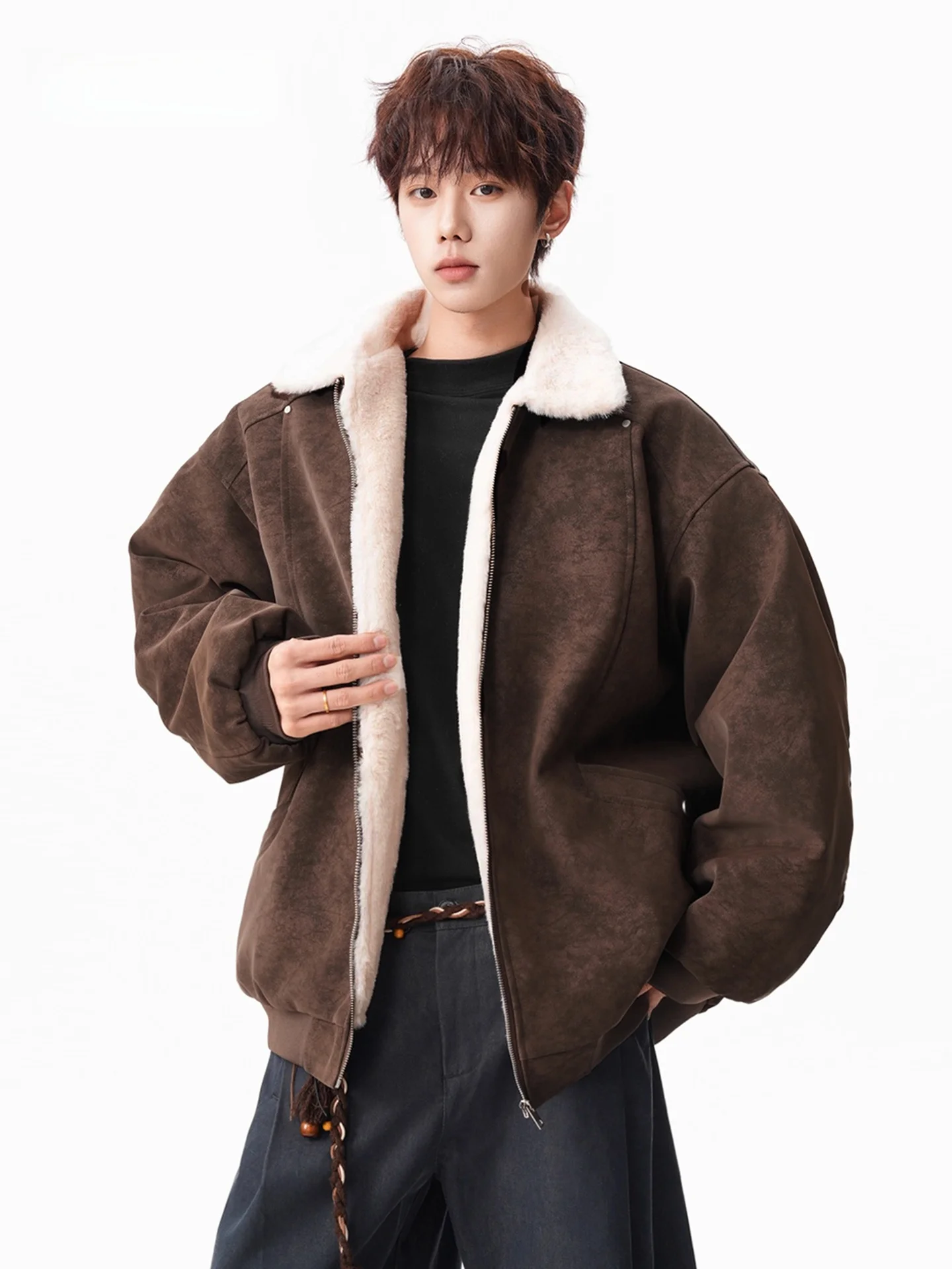 

American Sle Thiened Lamb Fur PU Leather Jaet Cotton Workwear Men's Winter Warm Sli Barn Sle Zipper Closure Long ...