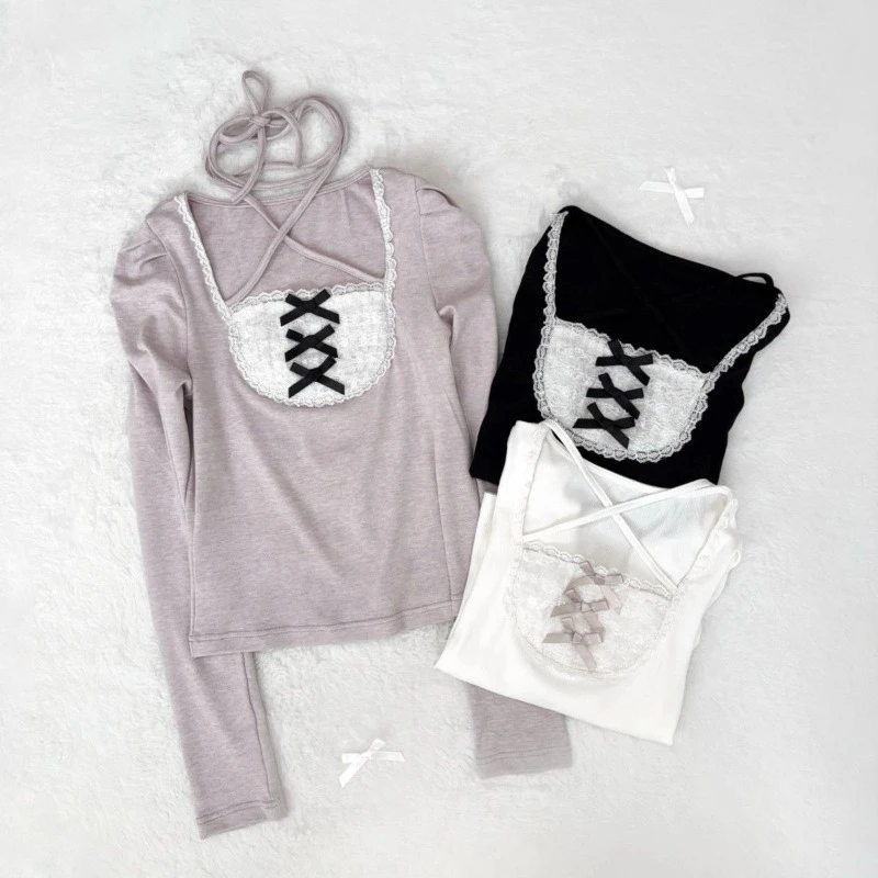 

Y2k милая футболка с длинным рукавом, женская повседневная кружевная футболка с квадратным воротником, однотонный искусственный двухсекционный корейский кружевной топ, весна-осень 2025