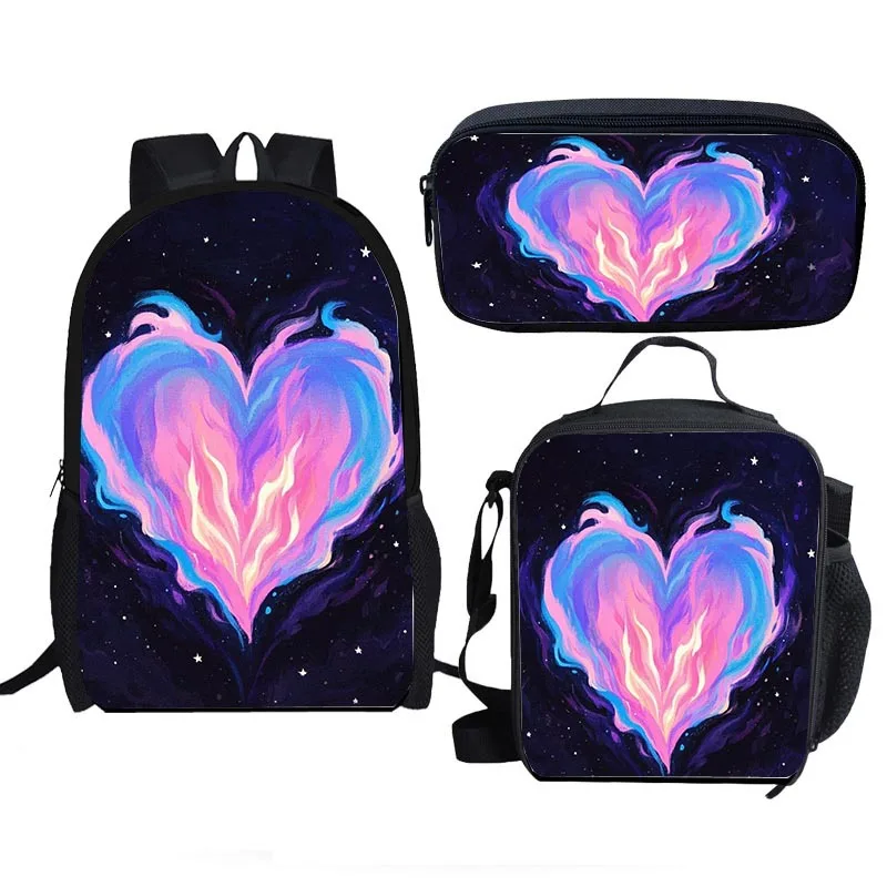 

Популярная новинка с героями мультфильмов, 3D принт «Любовь, пламя», 3 шт./компл., школьные сумки для ноутбука, рюкзак, сумка для обеда, пенал