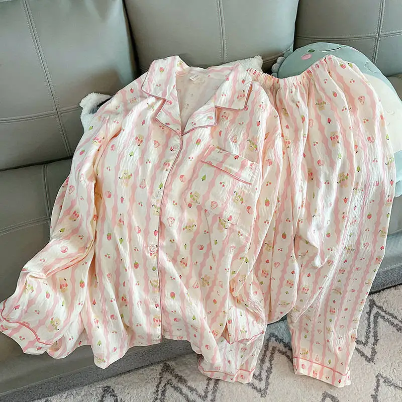 

Pajama Sets Y2K Women Cherry Heart Cloud Ultra-Thin Hot Fashion Halloween Loose-Fit Long-Sleeved Funny Flower Thicker Multicolor