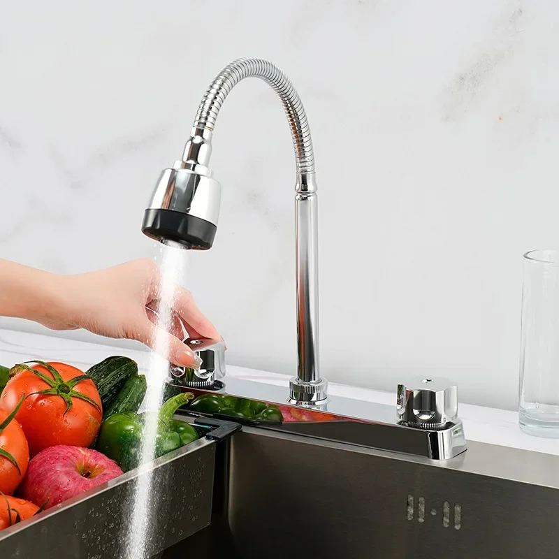 RV 주방 듀얼 인터페이스 수도꼭지 듀얼 핸들 주방 360도 회전 수도꼭지 교체 싱크 수도꼭지 주방 액세서리