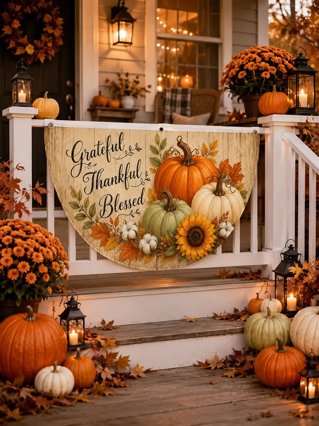 1pc Grateful Thankful Blessed Thanksgiving Porch Banner, Pumpkin Sunflower Maple Leaf Half Round Fall Harvest Banner For Front Porch Railing Fence Farmhouse Outdoor Decor