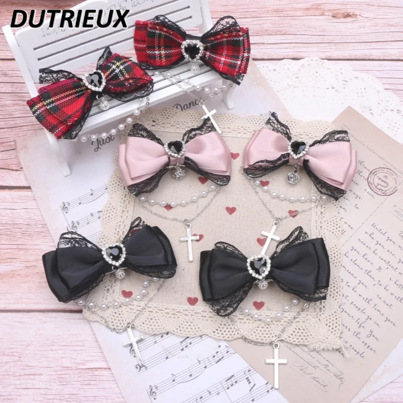 

Japanese Sweet Cool Lace Edge Bow Hair Accessories Chain Cross Crown Pendant Small a Pair of Hairclips Side Clip Barrettes