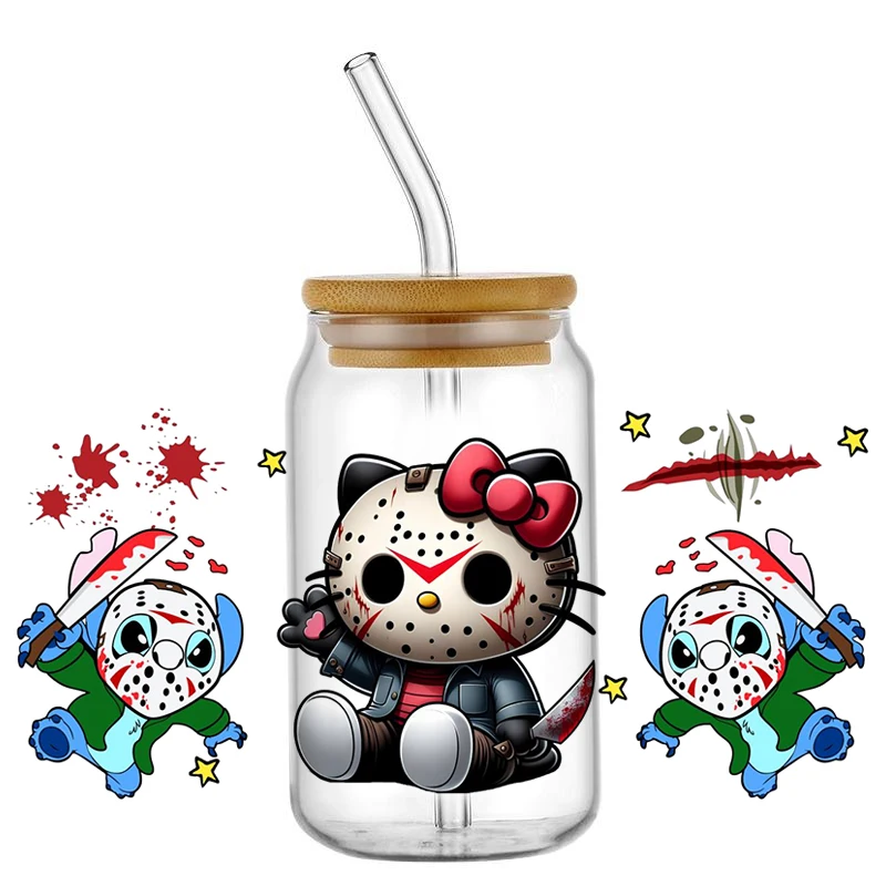 Miniso 3D Halloween Hello Kitty Killer UV DTF Sticker for Glass Cups Wrap Transfer Sticker DIY Logo Selfadhesive Waterproof