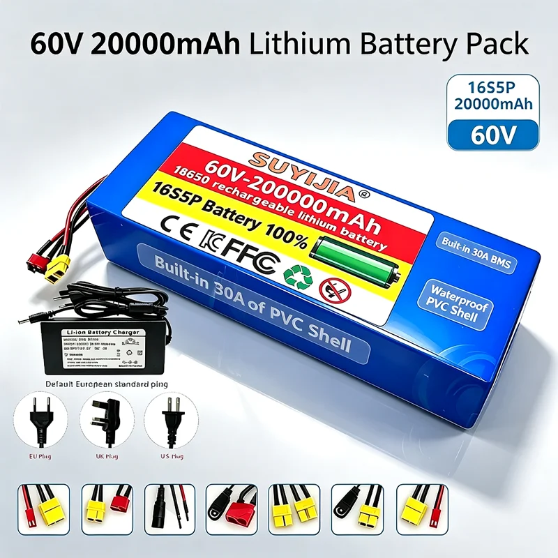 Pack Batterie Lithium 18650 Rechargeable 60V 20Ah 16S5P Grande Capacitéavec BMS Intégré Adaptable Trottinette et Vélo Électrique