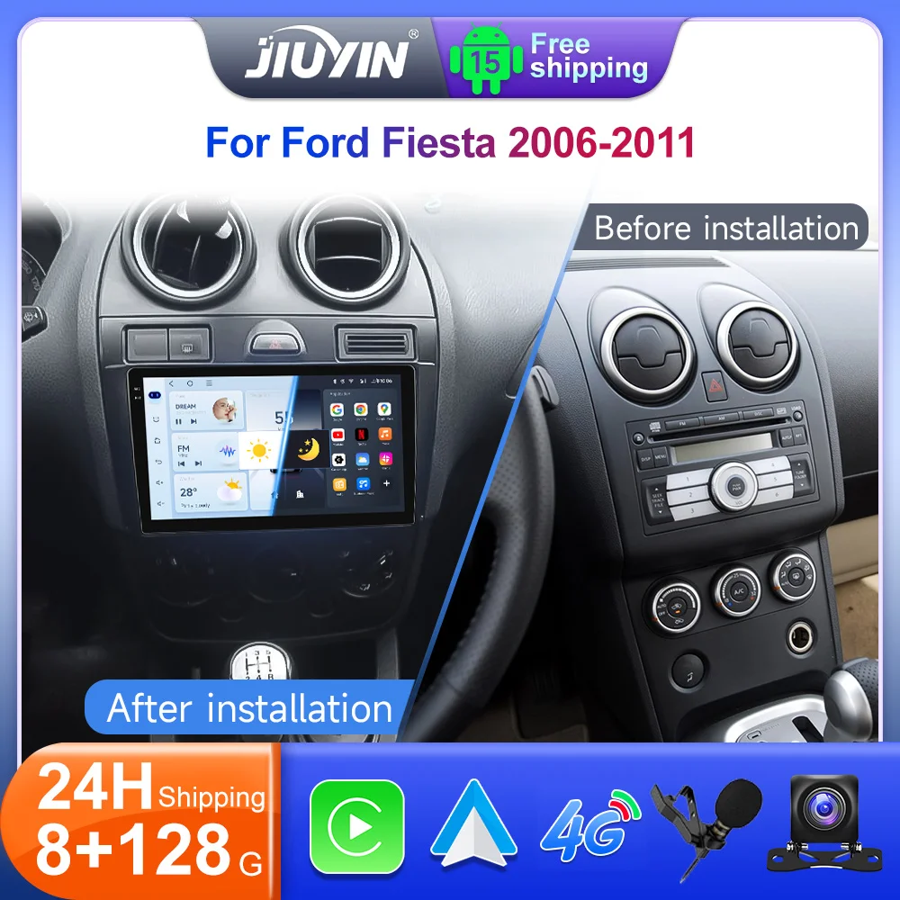 JIUYIN 9“ Android 15 Car Radio For Ford Fiesta 2006-2011 QLED Multimedia Stereo Wireless CarPlay Auto GPS Navigation HeadUnit