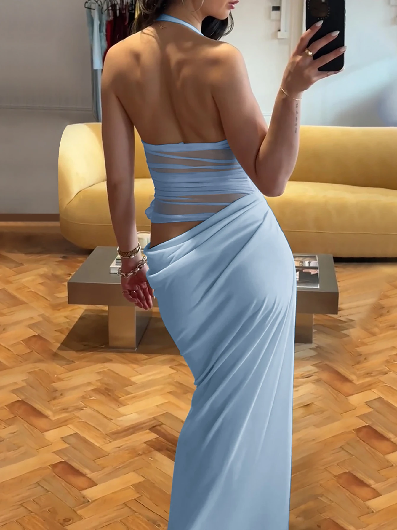 Dulzura Robe longue en maille transparente à fleurs, dos nu, style halter, dernière mode estivale, tenue élégante et sexy pour femmes, tenue de soirée, vêtements de club