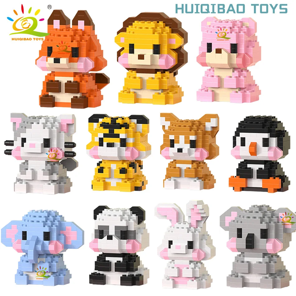 

HUIQIBAO MINI Cute Pet Animal Penguin Model Building Block Micro Set City Cartoon Lion Diamond Bricks Educational Toys for Adult
