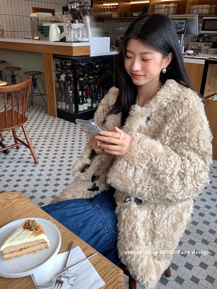 Korean Horn Buckle Lamb Wool Coat Women's Winter Plus Wool Thickened Fur One Coat Furry Coat