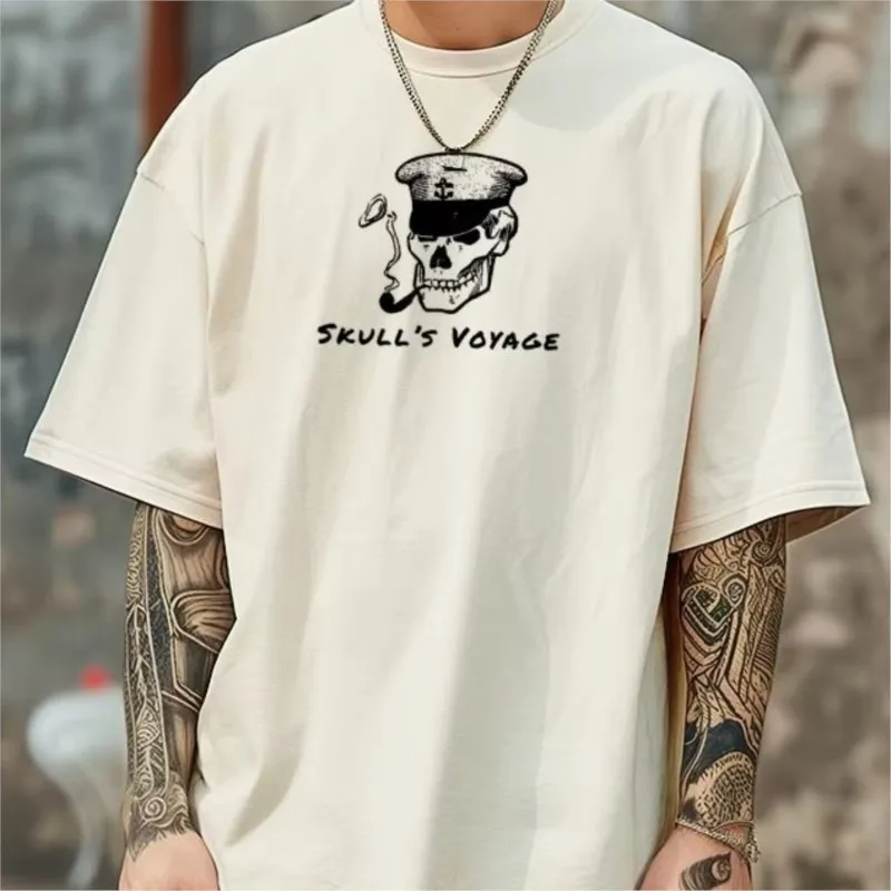

Vintage Cotton T-shirt Y2k Street Skull Washed Tee Shirts For Men's Oversized Shoulder Down Cerw Neck Blouse Top Women Clothing
